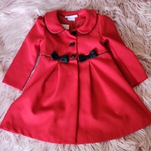 Dress & Pea Coat Christmaa Set Bonnie Baby Red Coat with Black Bows